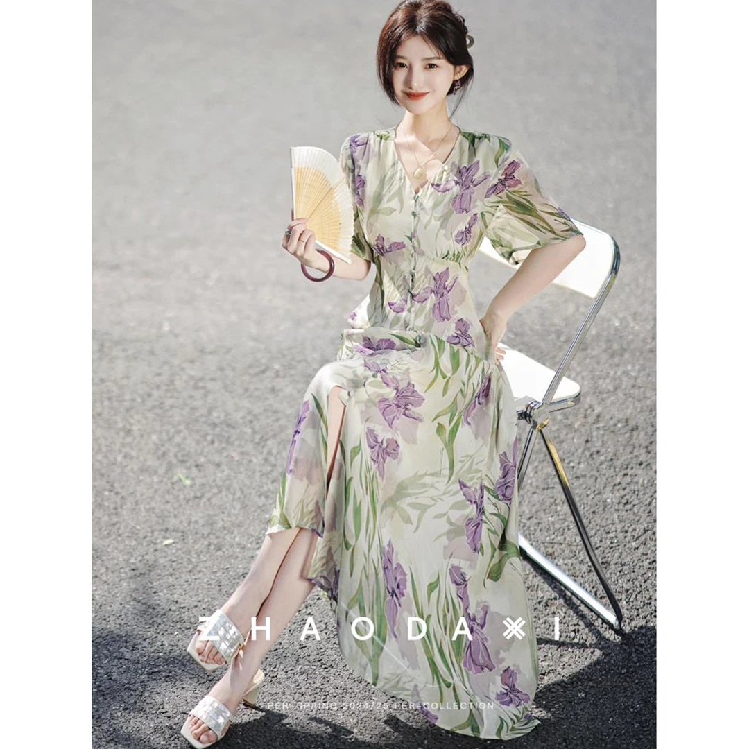 【赵大喜】现货！鸢尾花系列-有袖裙 | 100.真丝V领连衣裙