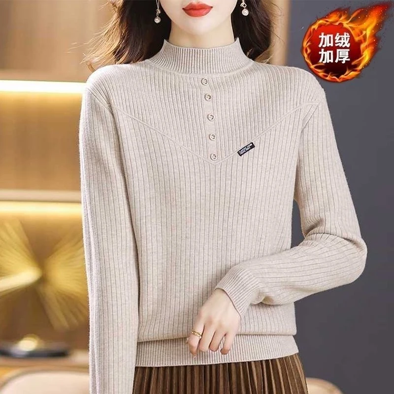 V半高领保暖一体绒毛衣女秋冬季2024新款洋气内搭加绒加厚打底衫