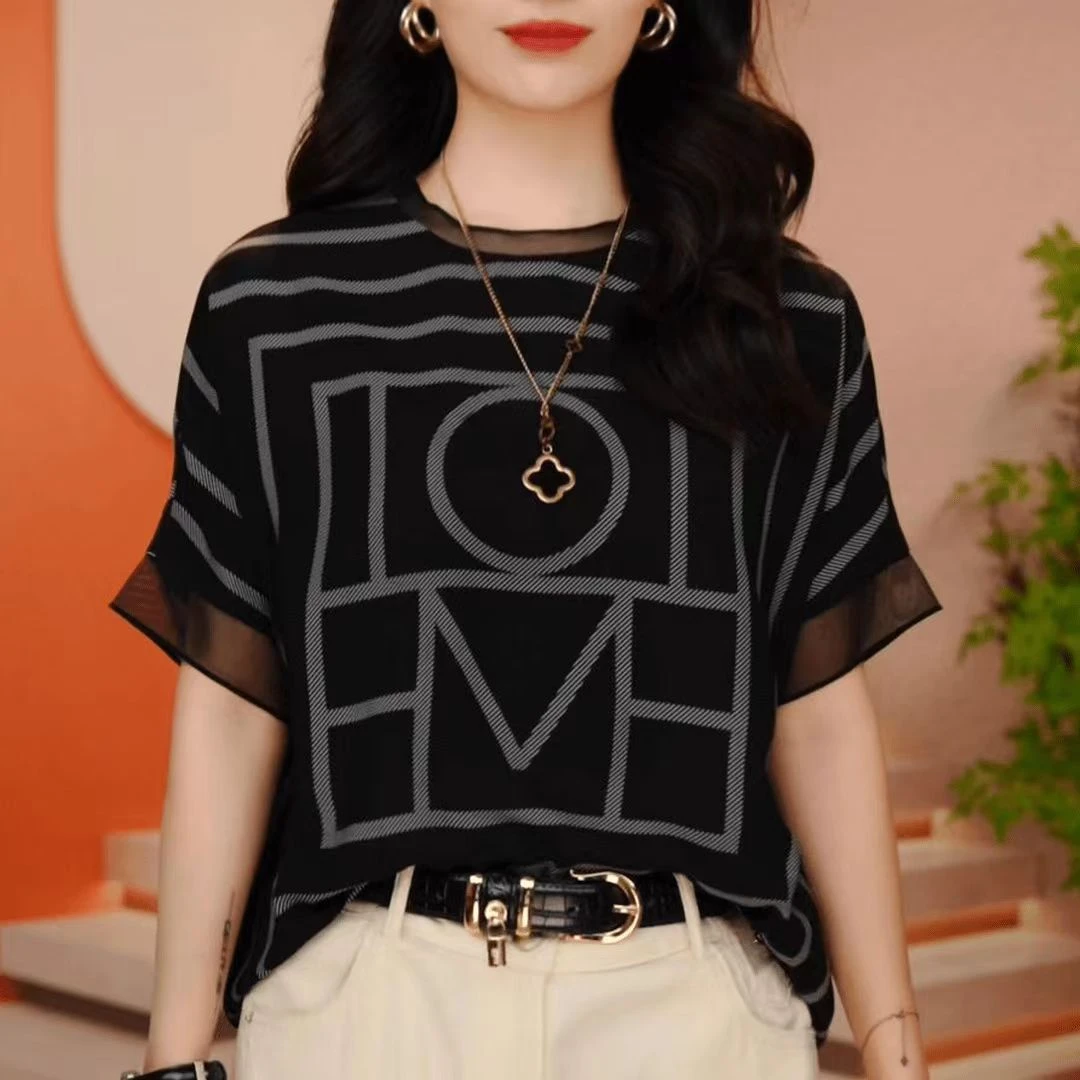 【几何图】双面定位印花2025夏新款时尚上衣宽松时尚百搭女短袖1778