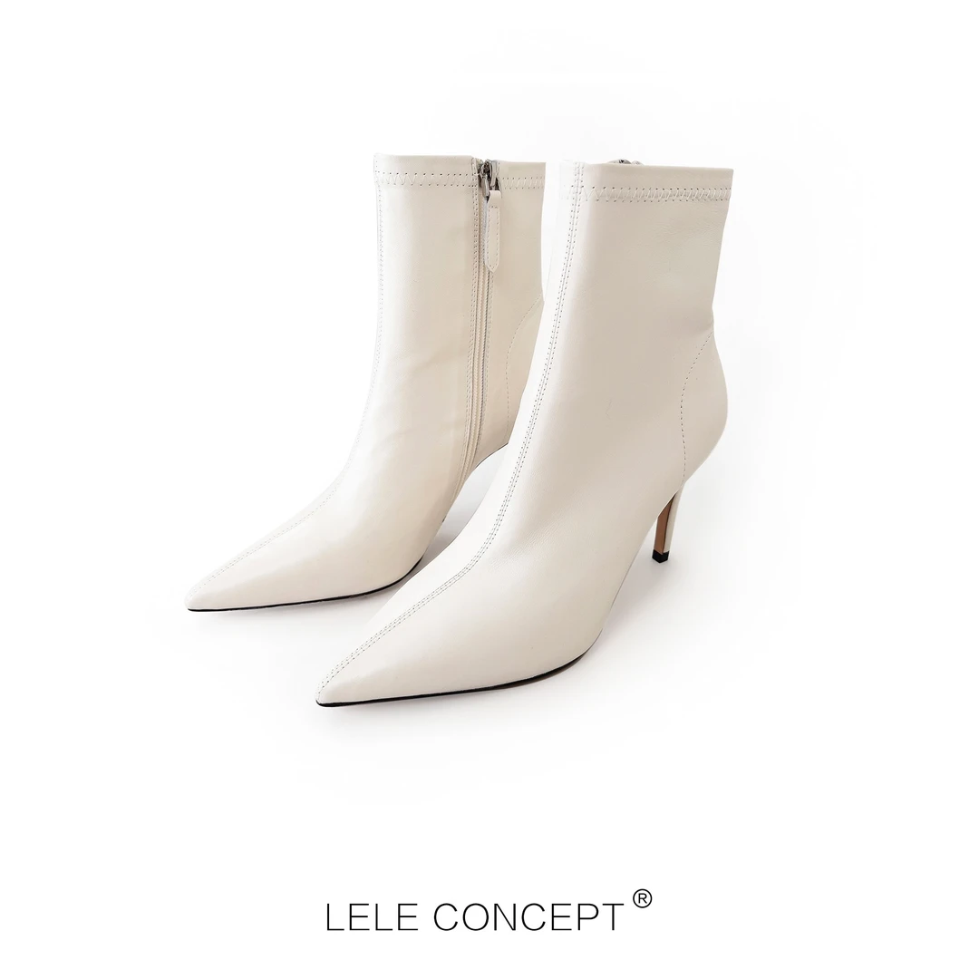 【LELE】冬季细跟羊皮时装尖头白高跟短靴时尚轻奢大气款气质X0043