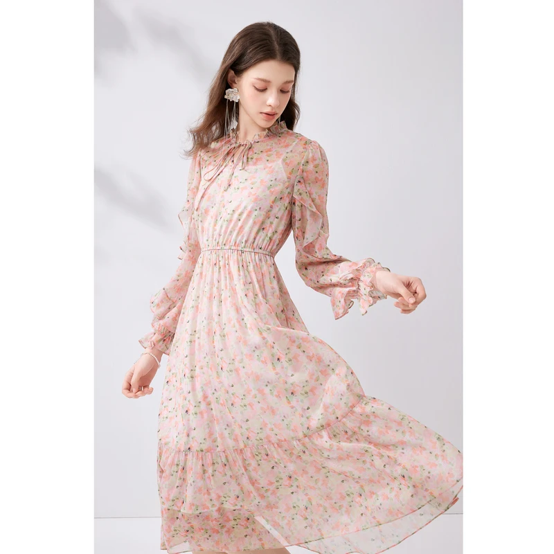 秋水伊人甜美印花连衣裙2025年春季新款收腰裙子624103M020568