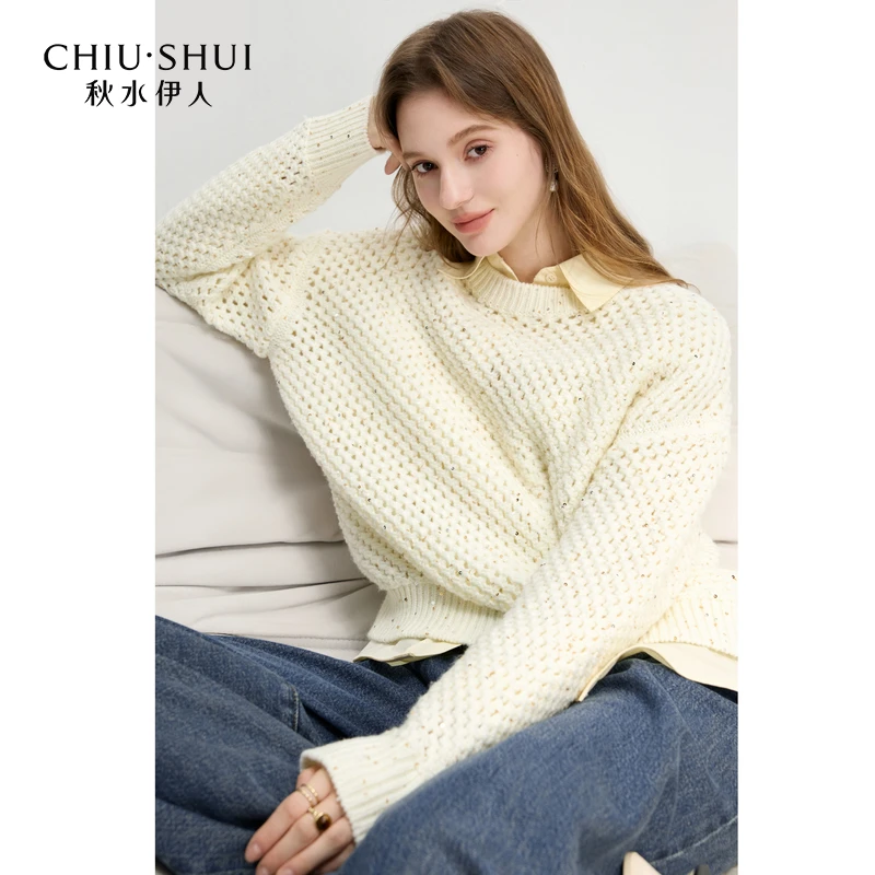 秋水伊人圆领镂空毛针织衫2025年春季新款通勤上衣625101A100066