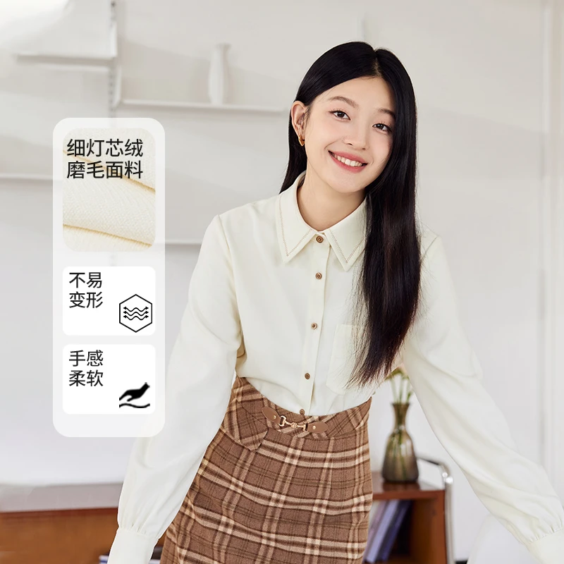 秋水伊人灯芯绒磨毛小翻领显瘦衬衫女干练职场上衣623408D060449