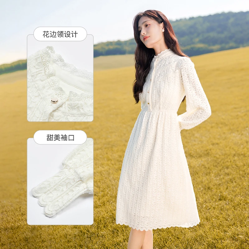 秋水伊人优雅蕾丝连衣裙2024冬装新款A字小白裙624411A327111