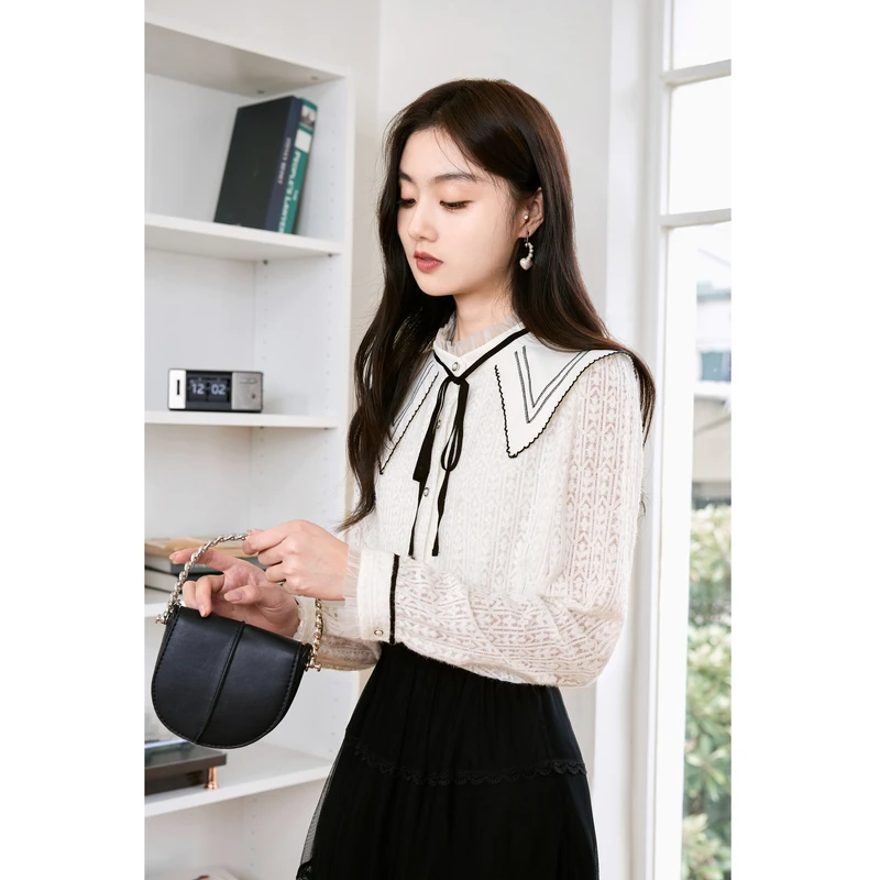 秋水伊人甜美减龄系带蕾丝衫2023年冬季新款女设计感小众内搭衬衫