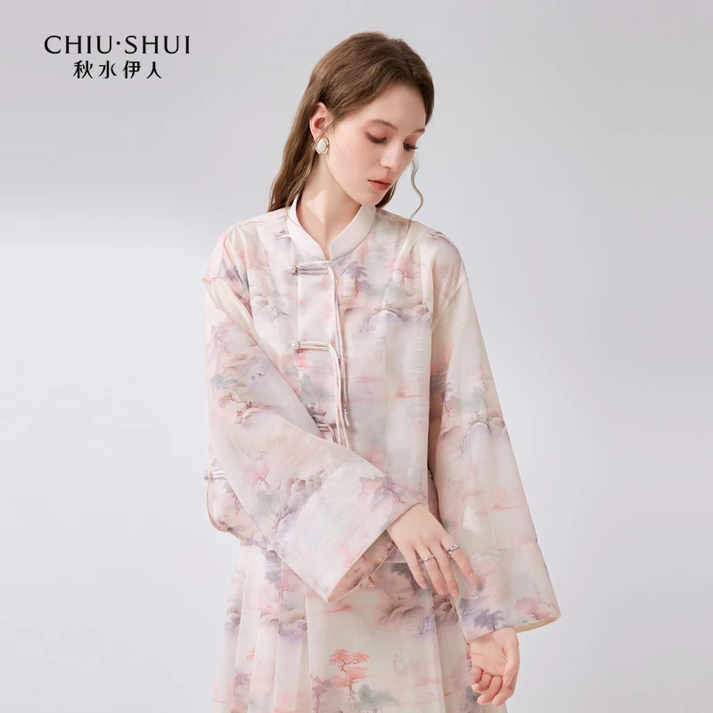 秋水伊人新中式雪纺衬衫2024夏新款女休闲国潮盘扣水墨画长袖上衣