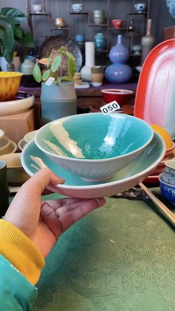 【闪购商品】陶瓷碗7寸龙碗+8.5寸平底面碗外粉内绿050