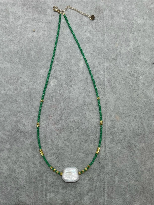 天然巴洛克珍珠绿色带猫眼锁骨链项链