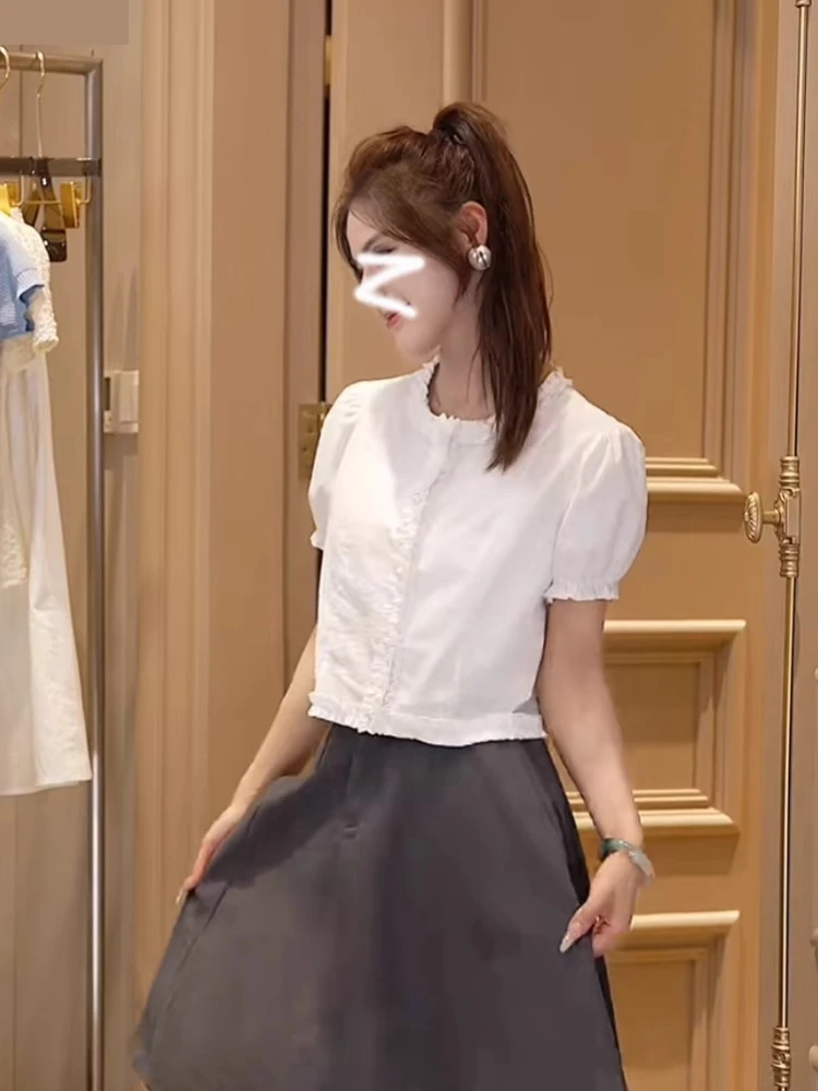 张元一同款女装公主衬衫女夏日款小个子短款小衫圆领花边设计上衣
