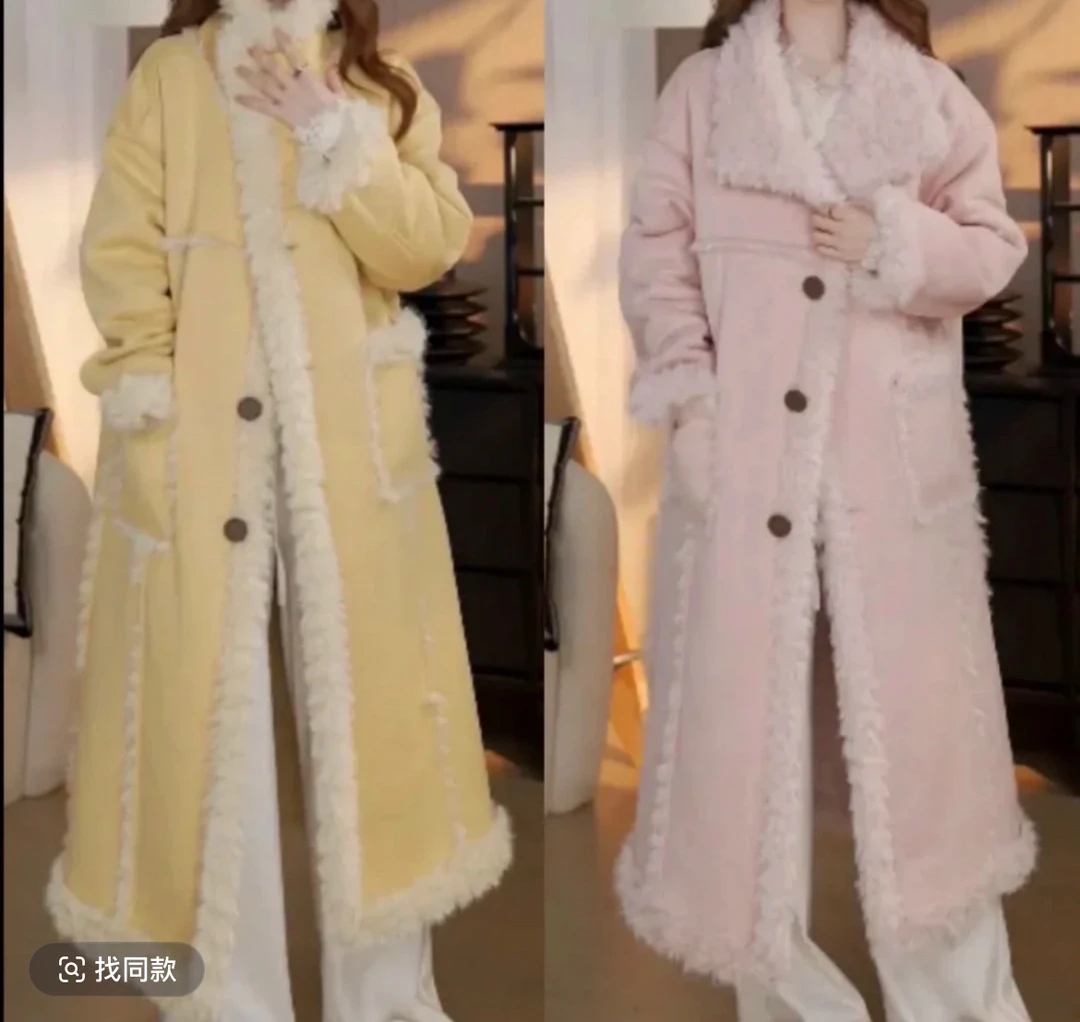 3【樱花故事】柠檬黄皮毛一体外套女冬新款短款衣长毛毛外套双面穿