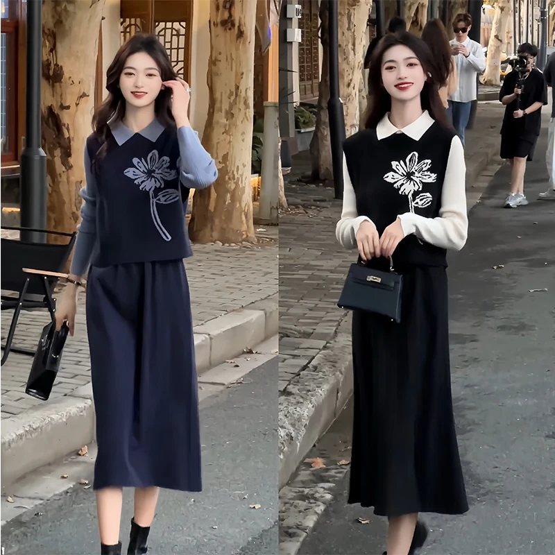 学院风气质针织连衣裙女装2024秋冬新款时尚马甲休闲高级感两件套