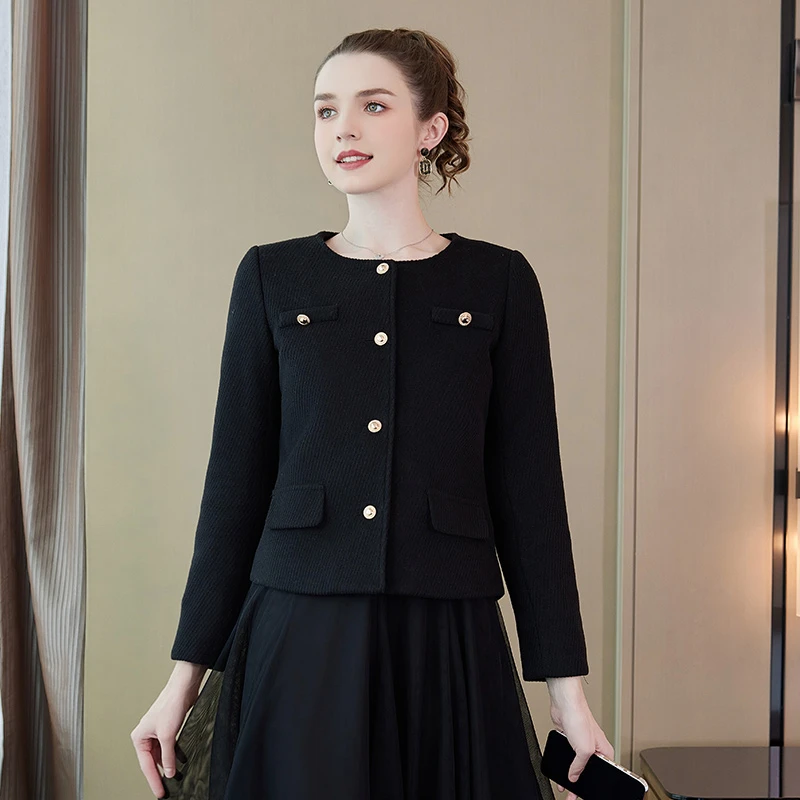 奢姿2023年冬季新款大码女装圆领纽扣上衣胖妹妹减龄简约时尚外套