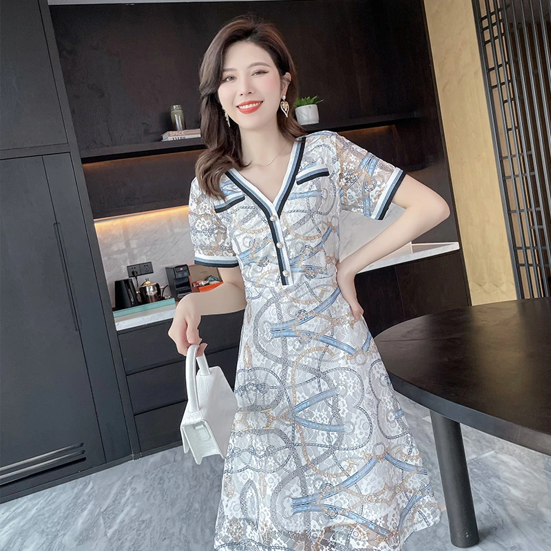 奢姿【首尔香香】V领连衣裙2025夏季新款大码女胖妹妹气质大码女装