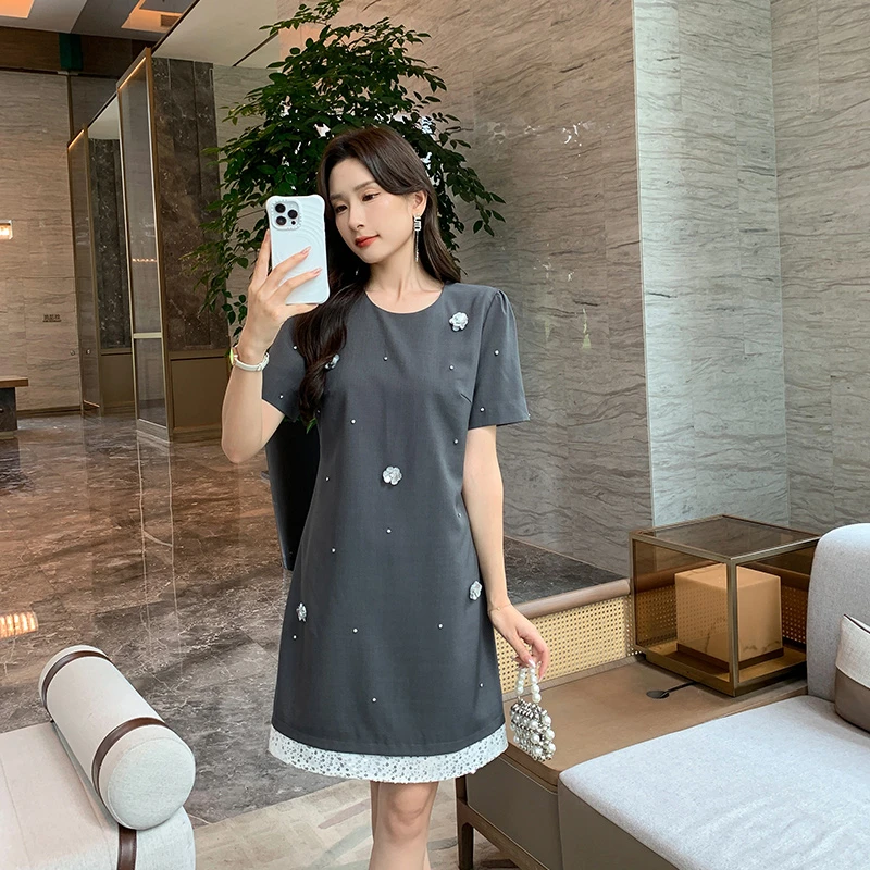 【奢姿】大码女装夏季减龄亮片拼接裙子胖妹妹立体装饰连衣裙