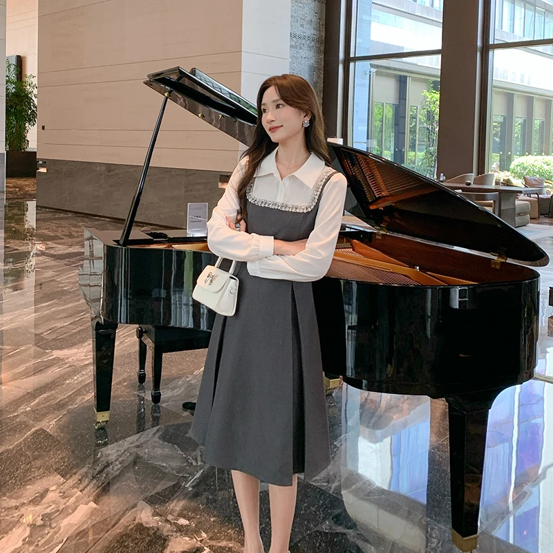 【奢姿】2024年秋季新款大码女装减龄胖妹妹假两件连衣裙