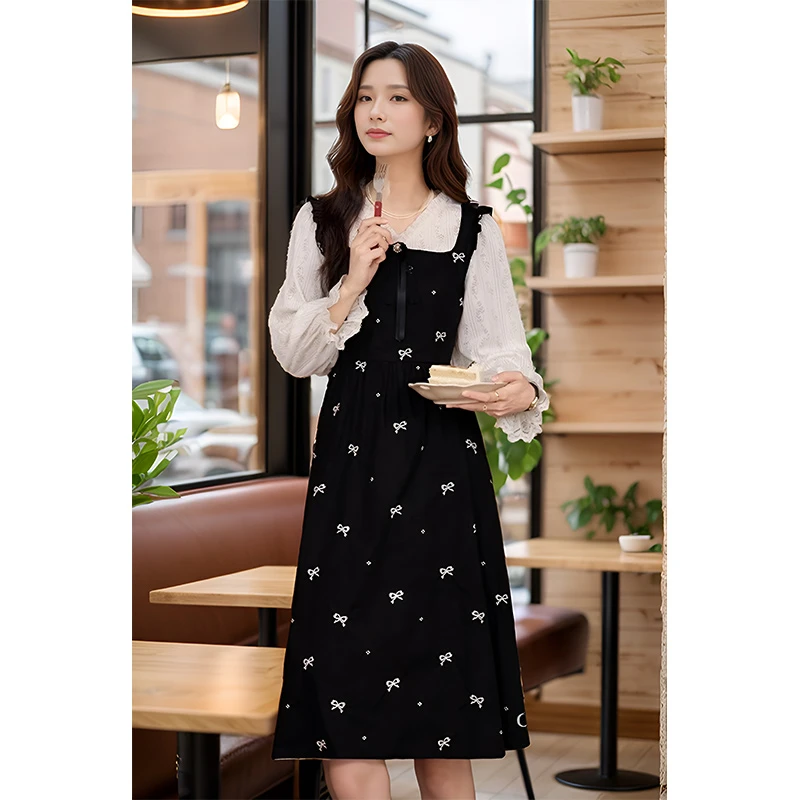 【奢姿】大码女装2024秋季减龄蝴蝶结V领假两件胖妹妹时尚连衣裙