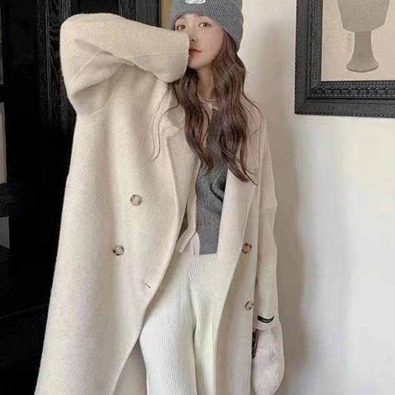 【奢姿】大码女装2024冬季翻驳领中长款外套胖妹妹双排扣羊毛呢大衣