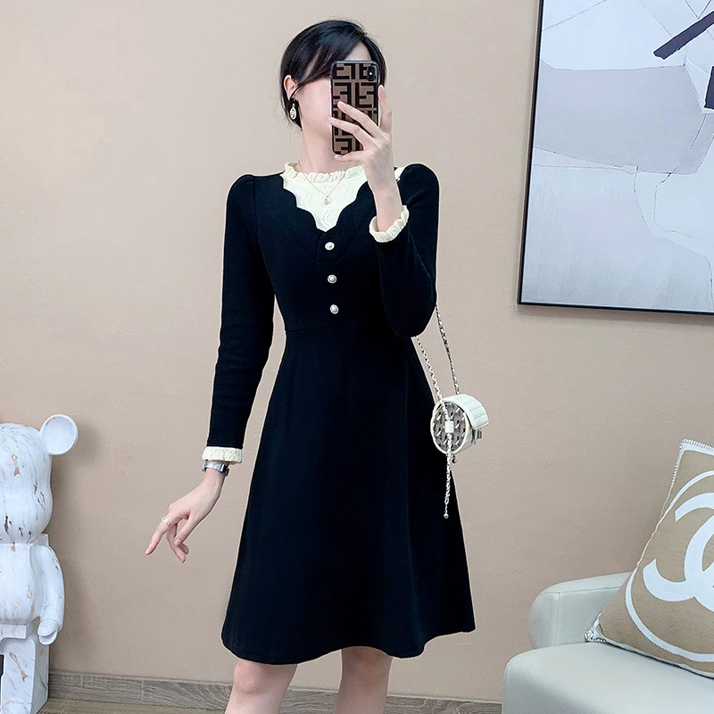 奢姿【安哥拉】2024年秋季高级感胖妹妹时尚蕾丝拼接连衣裙