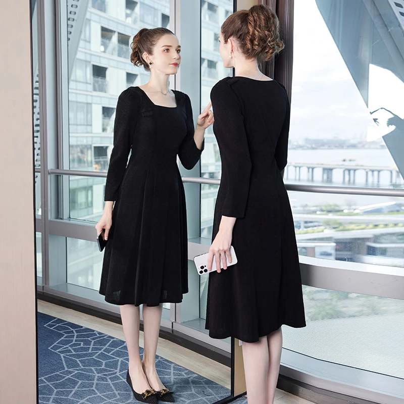 奢姿【风信子】秋季新款胖妹妹蝴蝶结方领时尚连衣裙【适合90-200斤】