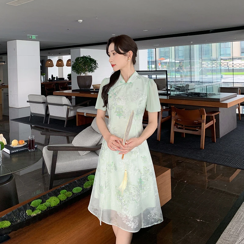 奢姿【江南序】2024年夏季新款大码女装中式绣花裙子开叉旗袍连衣裙
