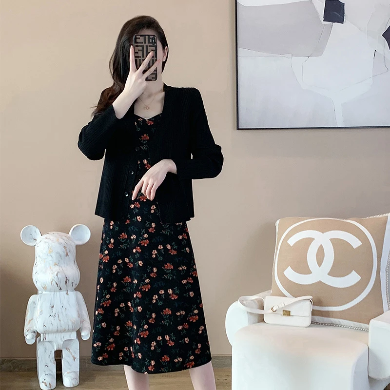 奢姿【赤茶玫瑰】2024秋款大码女装高级感套装开衫连衣裙显瘦吊带