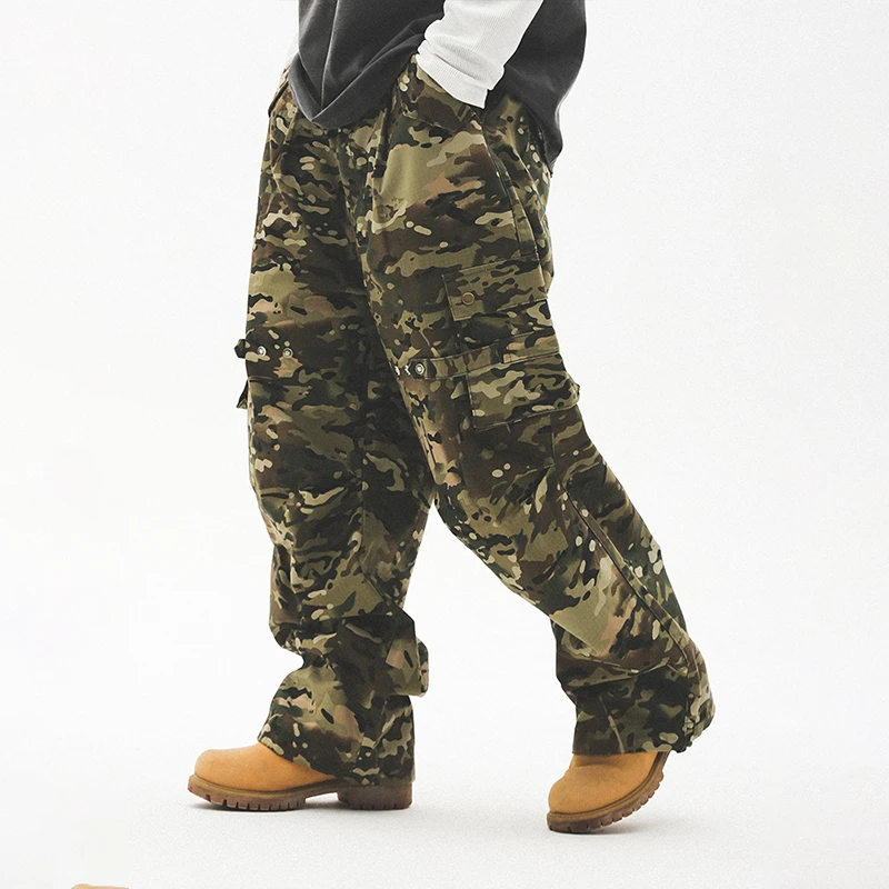 UNTILWERICH美式迷彩裤伞兵阔腿工装裤男宽松直筒军事迷彩长裤子