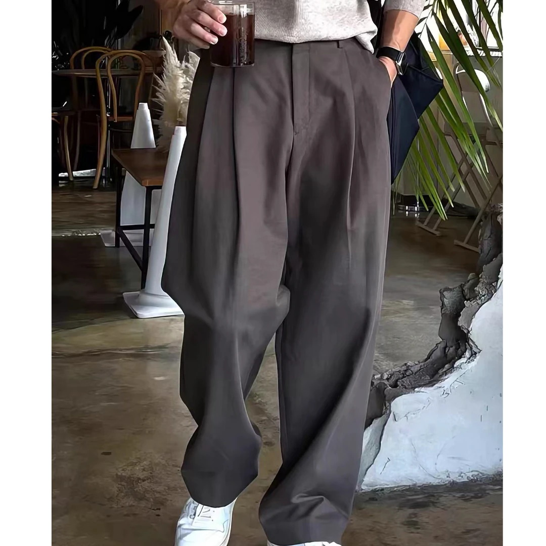 双褶宽松直筒西裤休闲男士春秋新款潮百搭港风阔腿裤