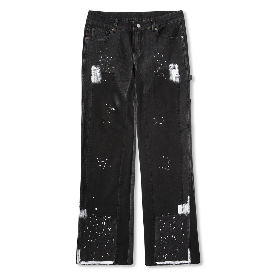 棉质 弹力牛仔 美式街头 微喇长裤 泼墨 飞溅牛仔裤