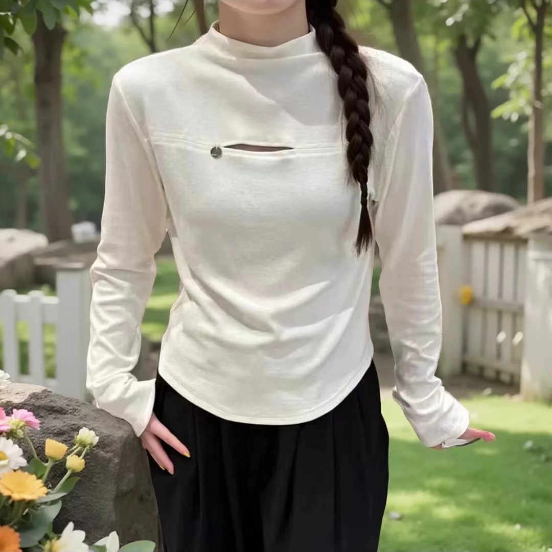 【艾萱萱】A379款磨毛修身显瘦镂空小心机百搭T恤保暖 约50