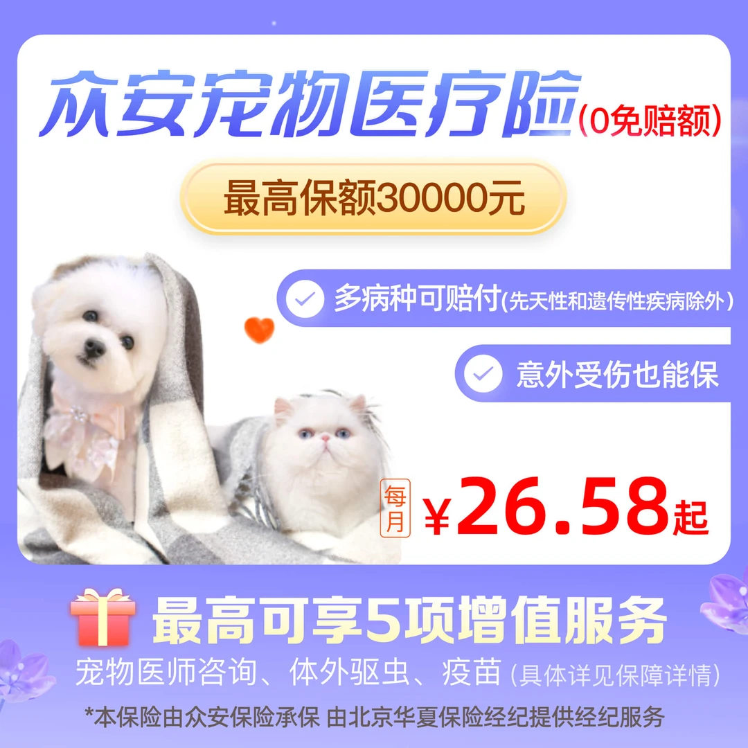 【众安宠物医疗险】 （0免赔）猫狗生病必备 驱虫疫苗体检