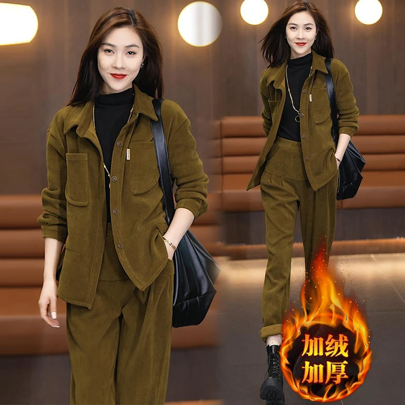 加绒加厚时尚休闲套装女2025秋冬季新款洋气单排扣开衫外套两件套