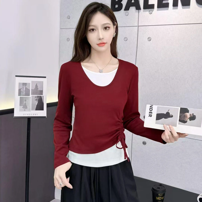 高含棉时尚假两件长袖T恤女2025春秋季新款洋气修身百搭显瘦上衣