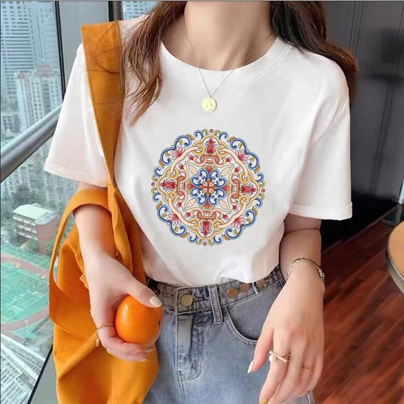 【新品】短袖2024女夏季印花重磅精梳棉时尚圆领百搭ins感半袖女潮