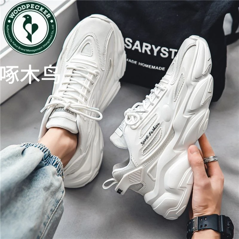 啄木鸟男鞋新款百搭休闲青少年跑步防滑旅游运动厚底内增高小白老