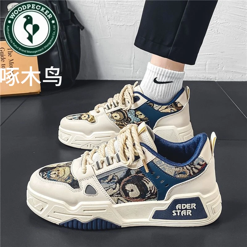 啄木鸟男鞋透气百搭休闲设计感小众板鞋青少年运动厚底增高帆布潮