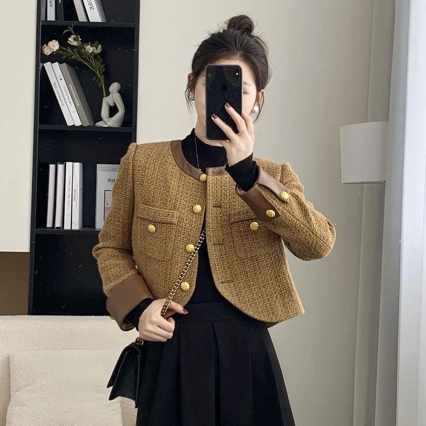 复古气质小香风长袖短款外套2023新款赫本风高级感套装百搭半身裙