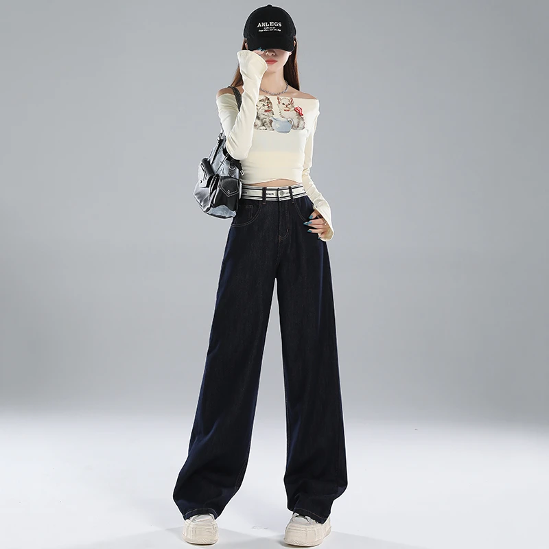 秋冬新款深蓝防褪色美式复古阔腿牛仔裤女宽松慵懒休闲拖地加绒