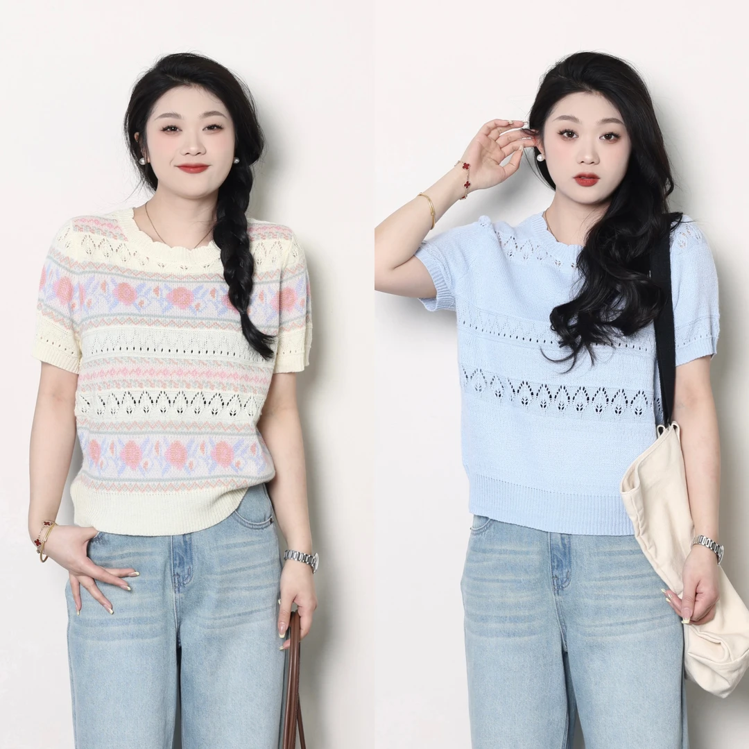 QC宣宣【夏夜梦令】微胖大码女夏气质百搭钩花针织短袖 ZY405Q53