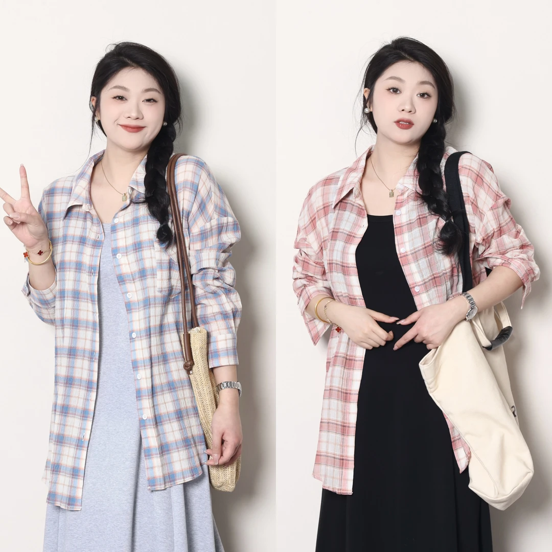 QC宣宣【蓝格汽水】微胖大码女夏百搭显瘦格子防晒衬衫 ZY406Q56