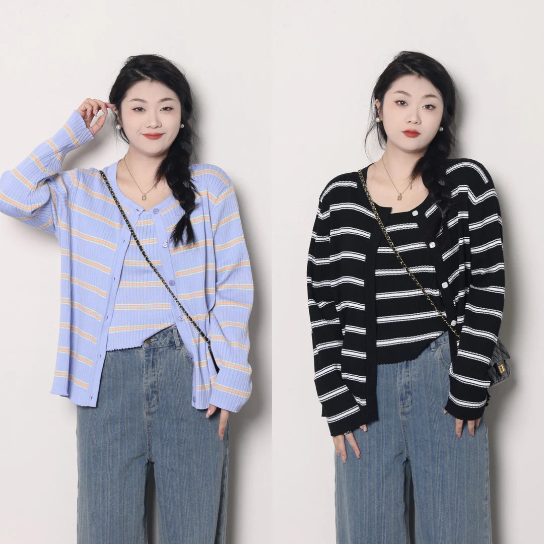 裂渡宣宣【条纹幻想】微胖大码早春百搭气质针织条纹两件套ZY302Q81