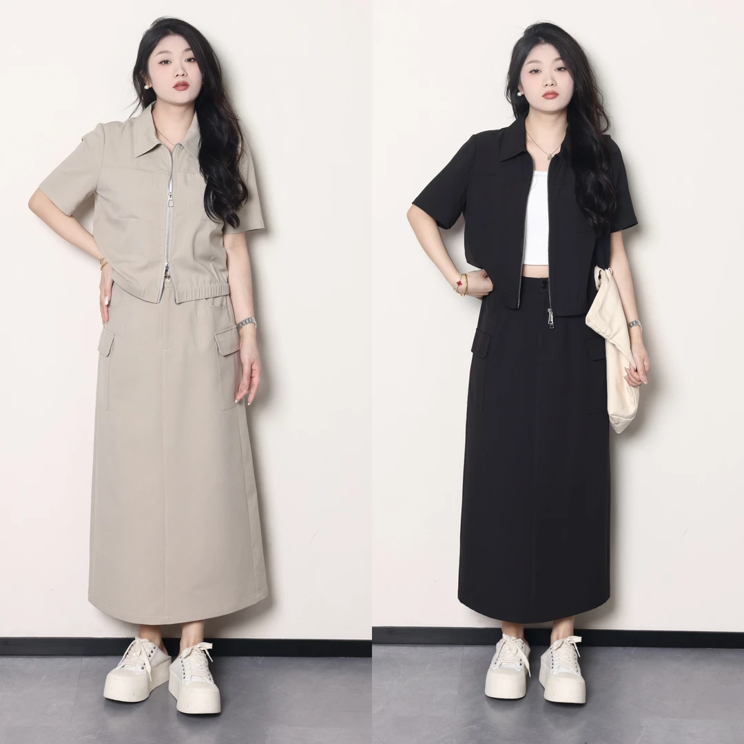 QC宣宣【刷街秘籍】微胖大码女夏复古工装上衣+半裙套装 ZY407J08