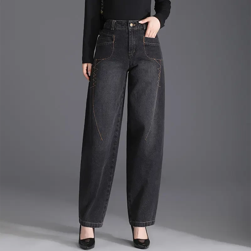 加绒秋冬款高腰牛仔裤阔腿哈伦裤时尚休闲百搭大码女灯笼裤刺绣女