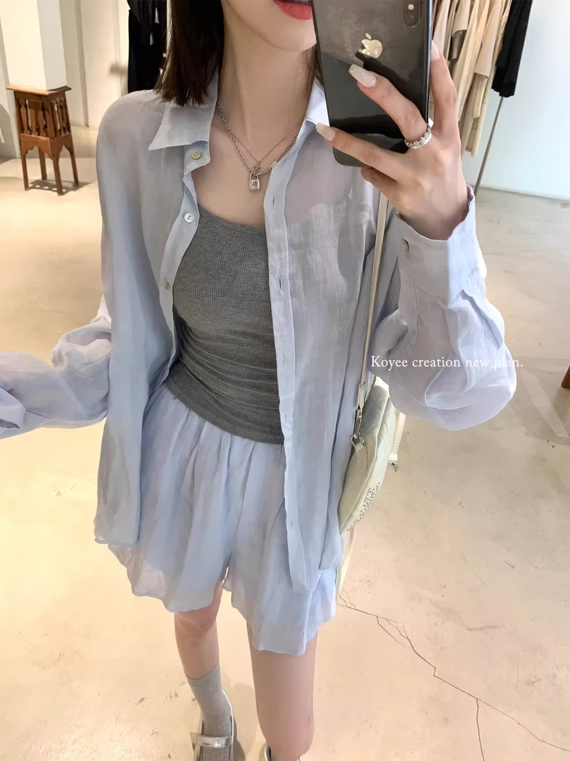 孔一粒N6381/N6399慵懒感长袖外套亚麻衬衫套装女夏宽松高腰短裤