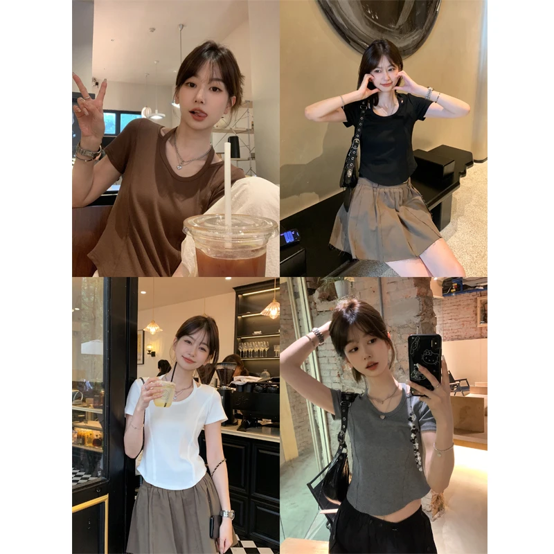 孔一粒正肩短袖t恤女2023夏季新款休闲N5333纯色修身短款挂脖上衣