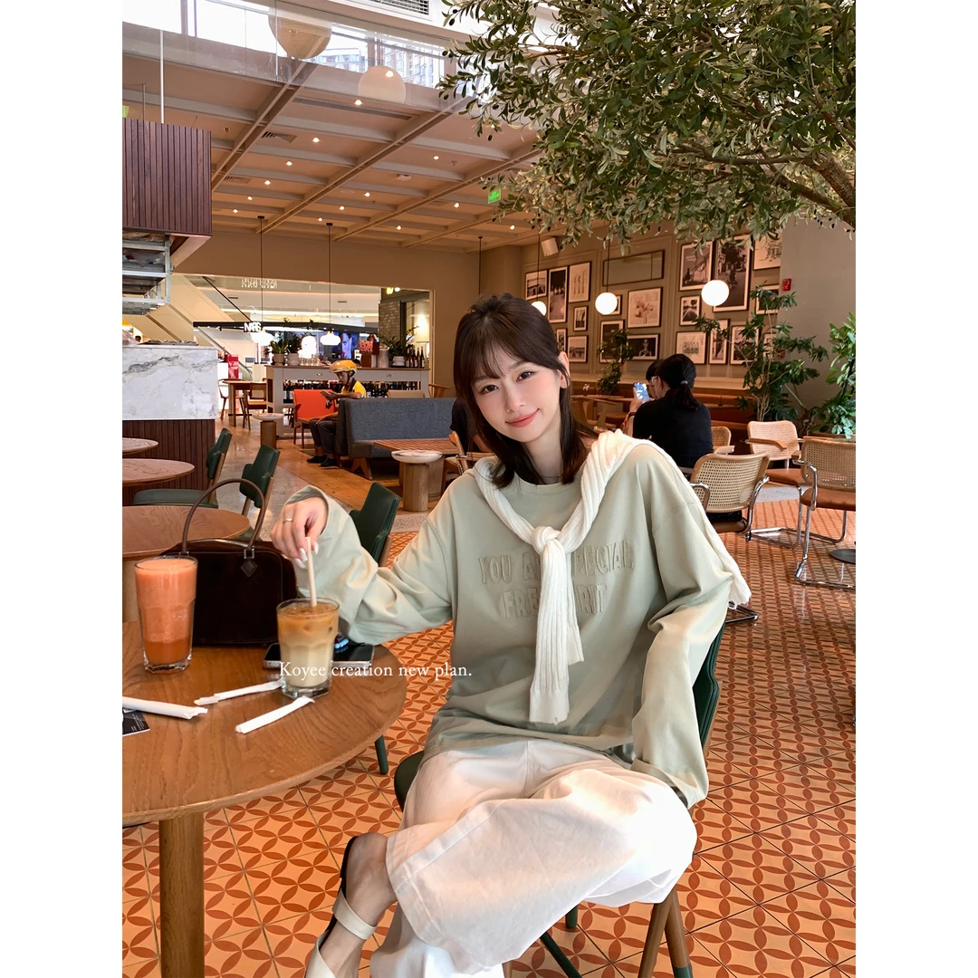 孔一粒 贴布绣花字母长袖T恤女2024秋季新款慵懒N6838圆领上衣