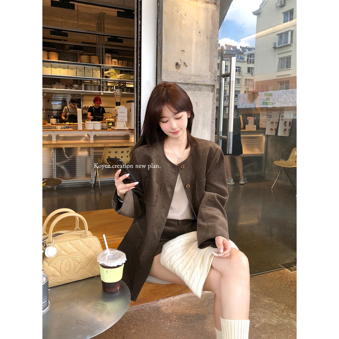 孔一粒N6900灯芯绒西装短裤套装女2024秋季新款高级感西服两件套