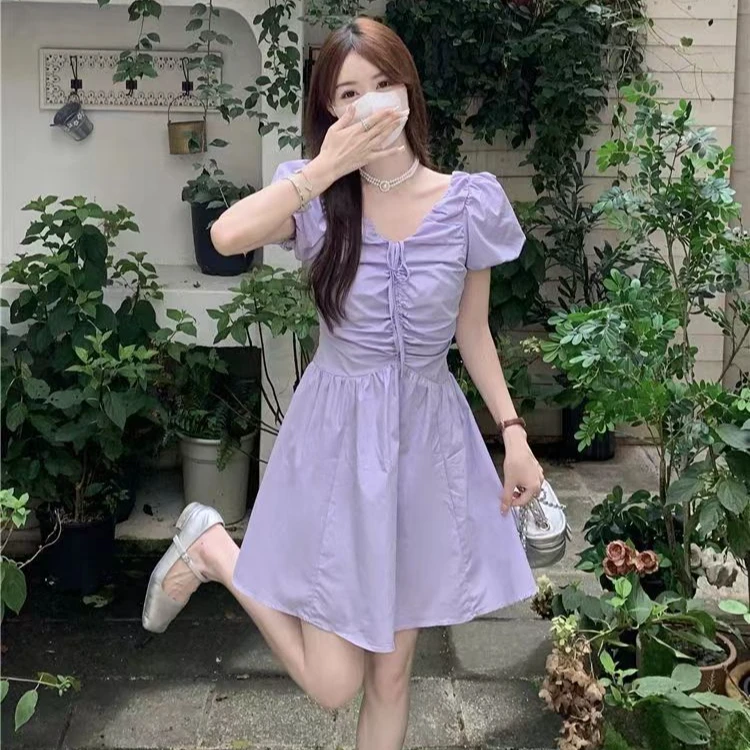 女夏季小众设计感收腰显瘦长裙子法式初恋甜美泡泡袖v领连衣裙子