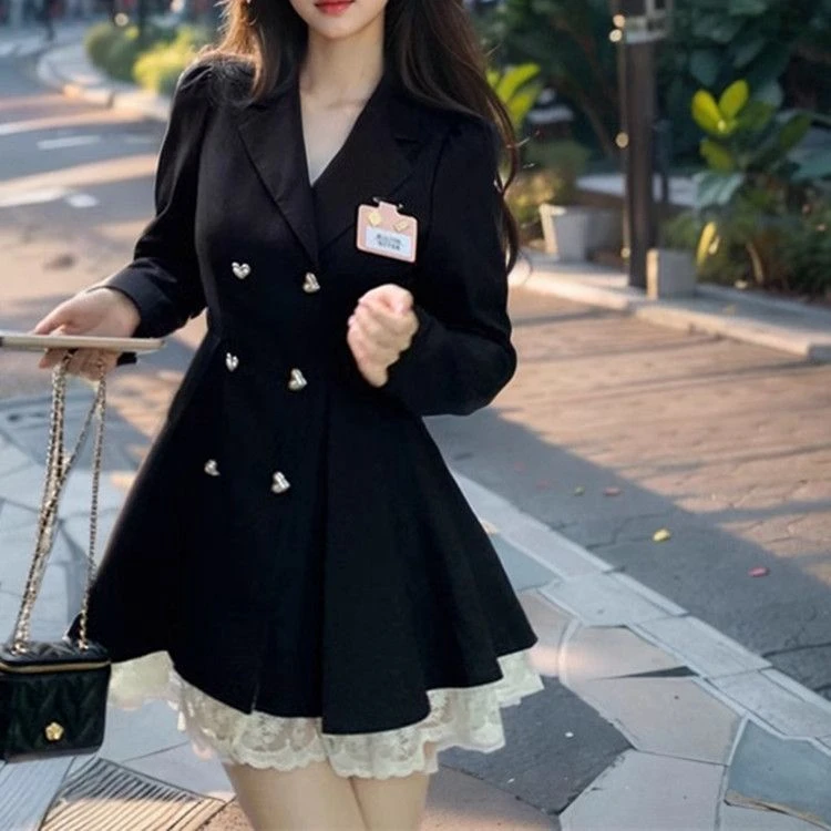 安德莉亚甜酷学院风蝴蝶结收腰蕾丝拼接西装连衣裙秋冬