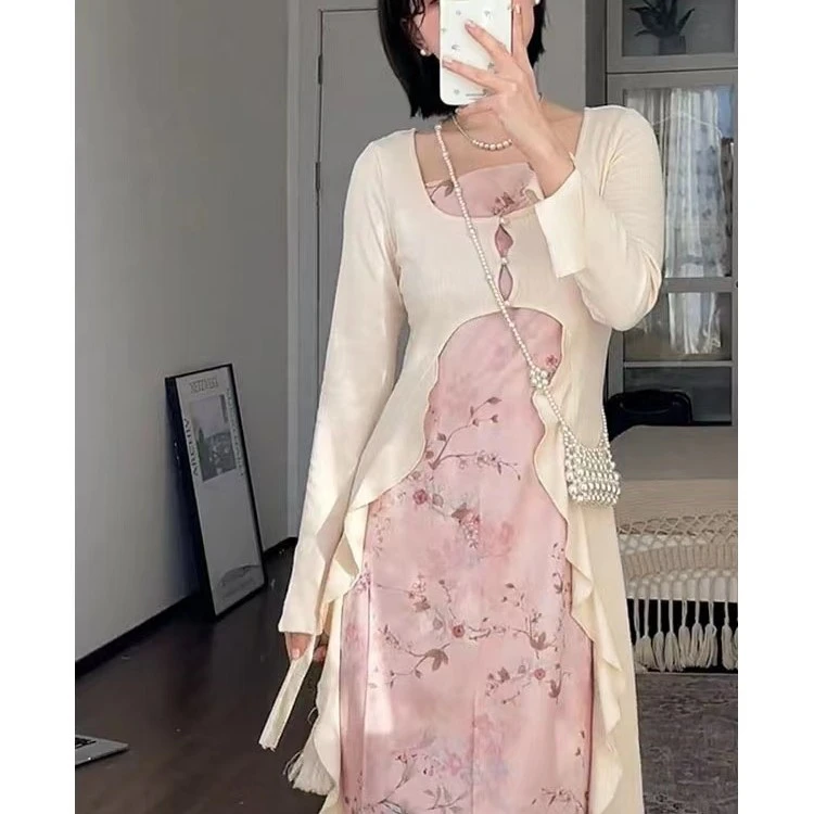 只有一件，春季新中式高级感桔梗法式粉色吊带连衣裙子套装