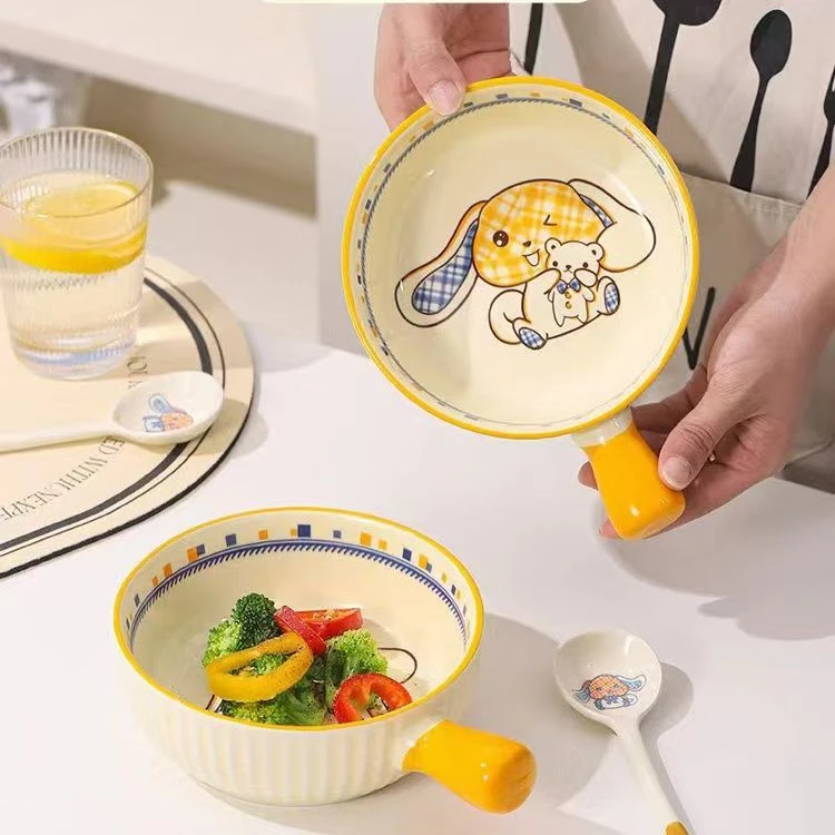 【花色随机】介意勿拍六英寸陶瓷双耳卡通手把碗一个装【图案随机发】